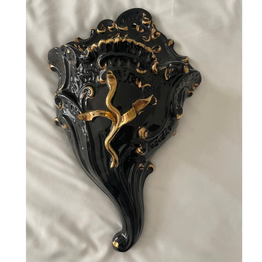 vintage ceramic wall pocket vase balck with gold detail